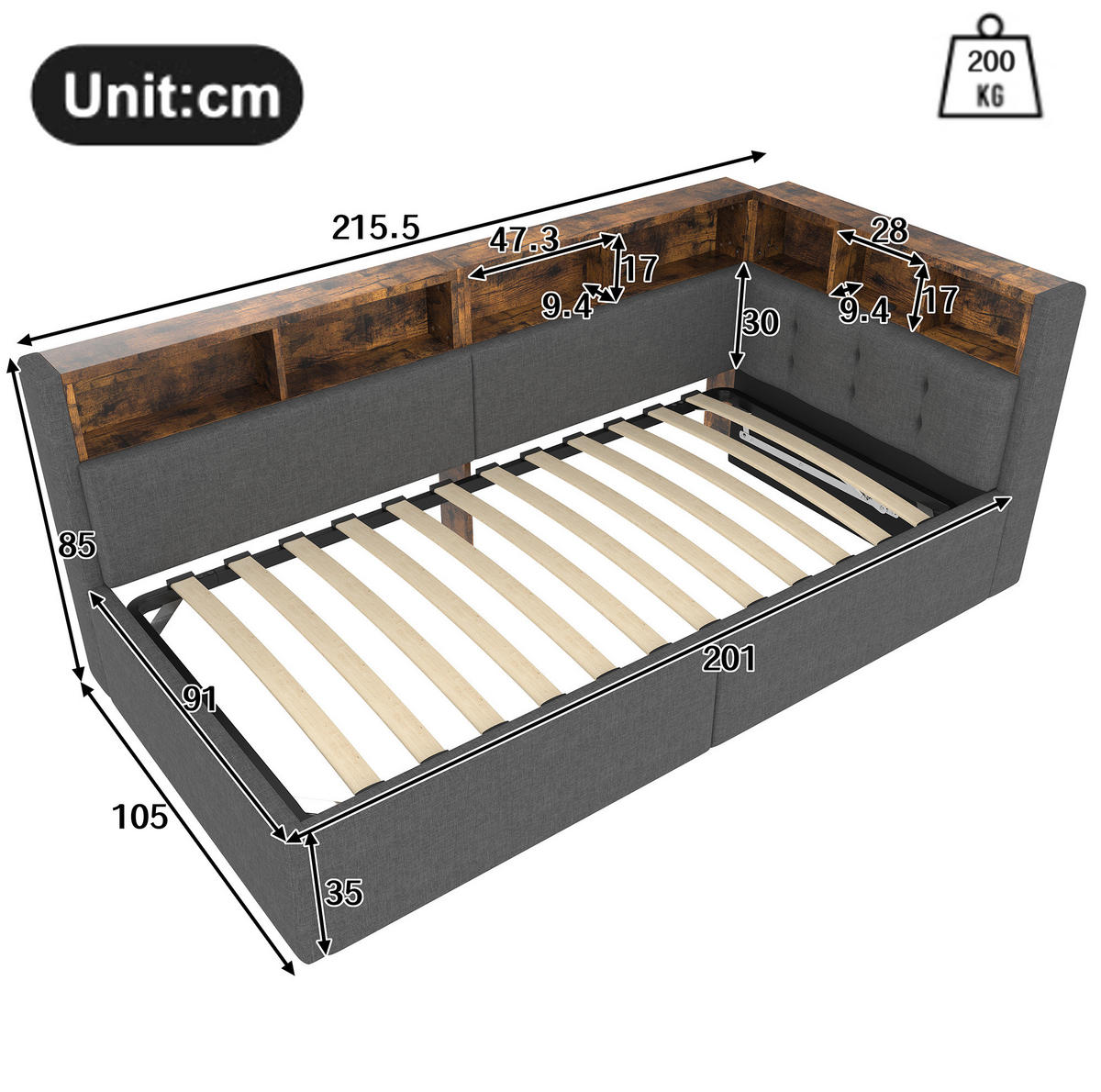 POLSTERBETT 90/200 cm aus Leinen mit LED-Beleuchtung und USB- sowie Typ-C-Anschlüssen Grau - Grau, Textil (90/200cm) - Modenvie