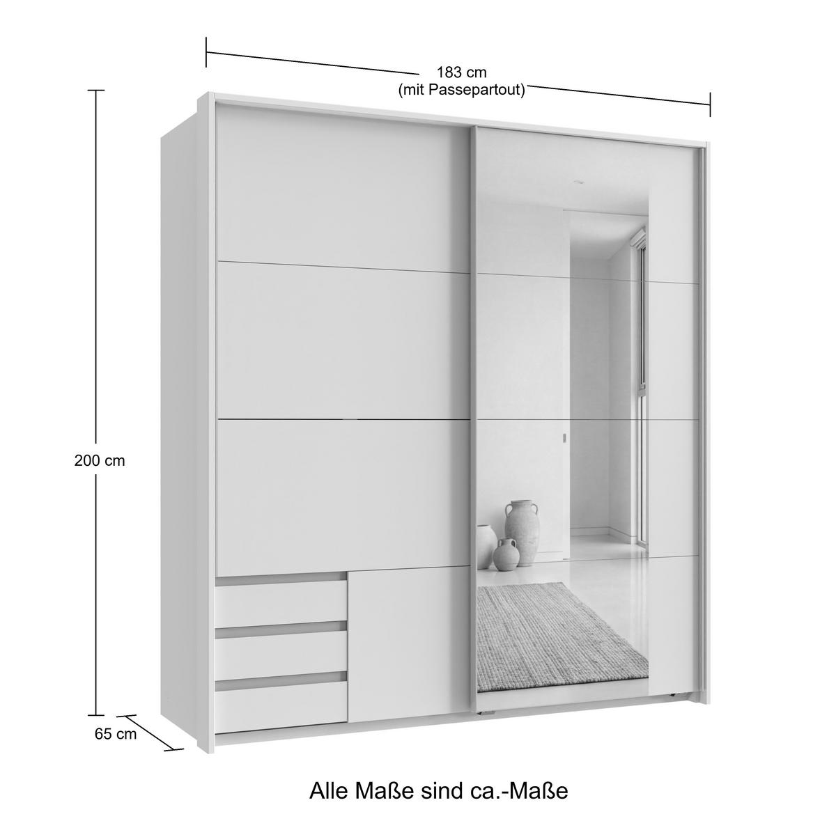 SCHWEBETÜRENSCHRANK 2-türig B183/H200/T65 cm, Passepartout-Kleiderschrank mit Spiegel & sichtbaren Schubkästen in Eiche Dekor, 1x Tür in Weiß / 22712 - Eichefarben/Alufarben, Holz/Holzwerkstoff (183/200/65cm) - luma-home