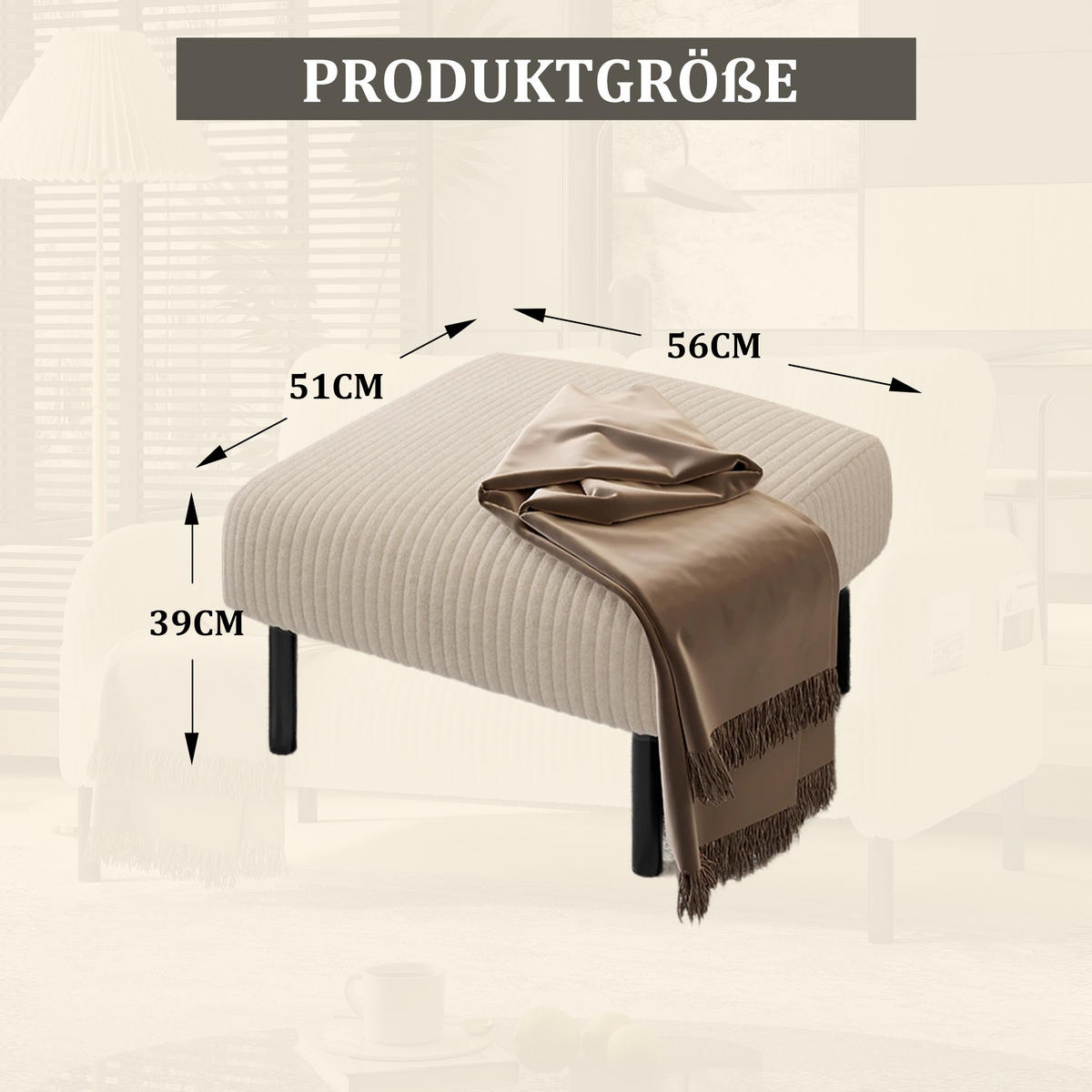 HOCKER Cord Beige - Beige, Textil/Metall (56/39/51cm) - WISHDOR