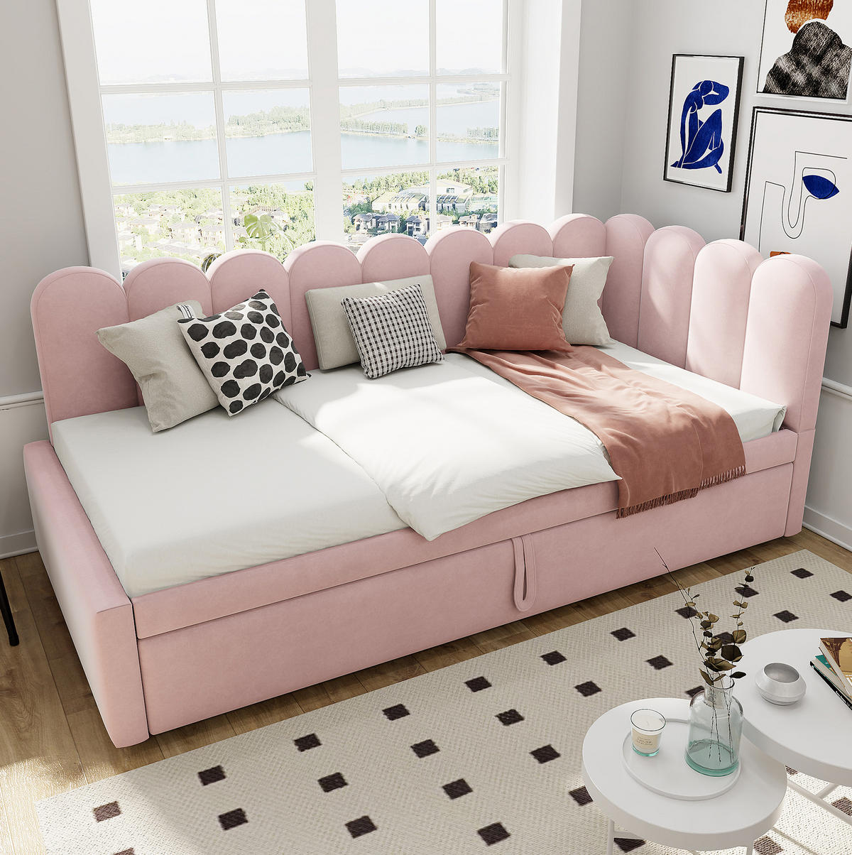 POLSTERBETT 90/200 cm mit Ausziehbett, L-Form und Samtbezug, Rosa - Rosa, Textil (90/200cm) - Redom