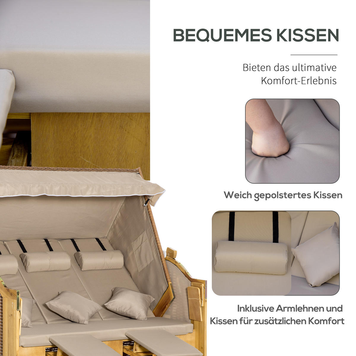 STRANDKORB, 3-Sitzer Sonnenliege mit Dach, 2 Klapptischen, XXL Polyrattan, Natur - Naturfarben, Metall (79/160/150cm) - Outsunny