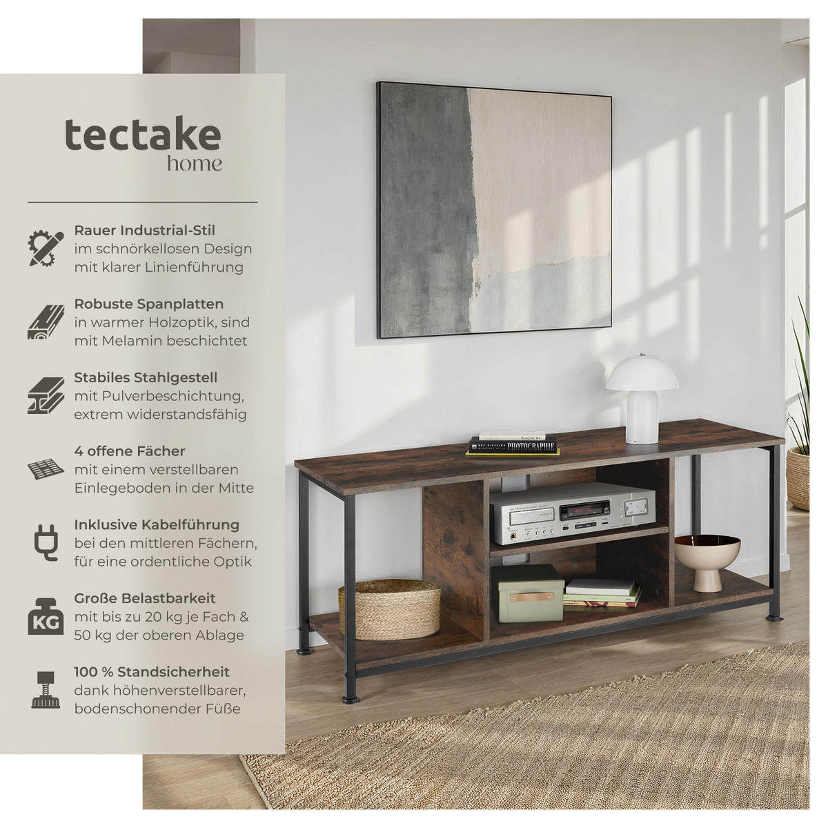 TV-REGAL Denver,120 x 40 x 50,5 cm,Industrial Holz dunkel, rustikal - Rostfarben, Holzwerkstoff (40/50.5/120cm) - tectake