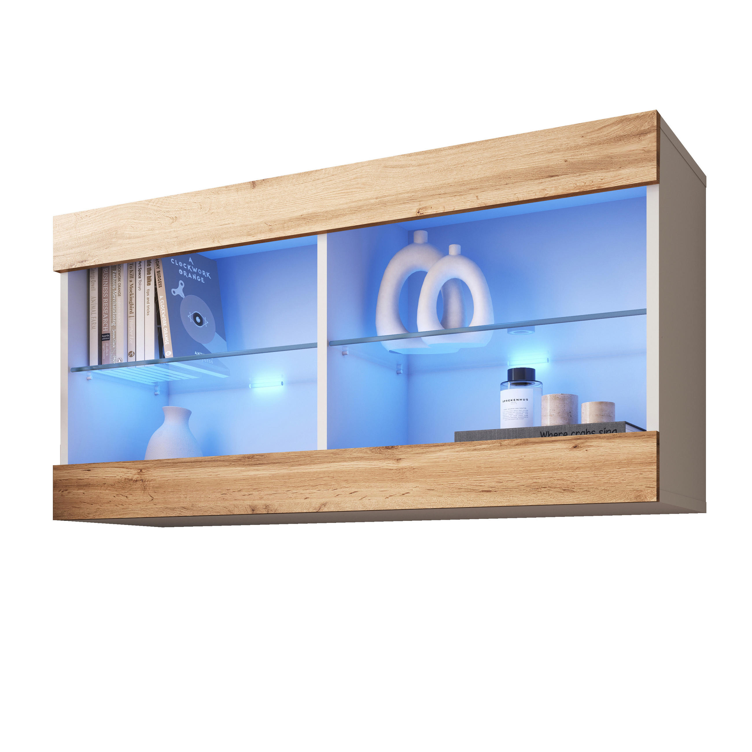 HÄNGEVITRINE TIVOLI HORIZONTAL 100, Wotan, LED Blau - Eiche Wotan/Weiß, Glas/Holzwerkstoff (100/50/29.5cm) - Komodee