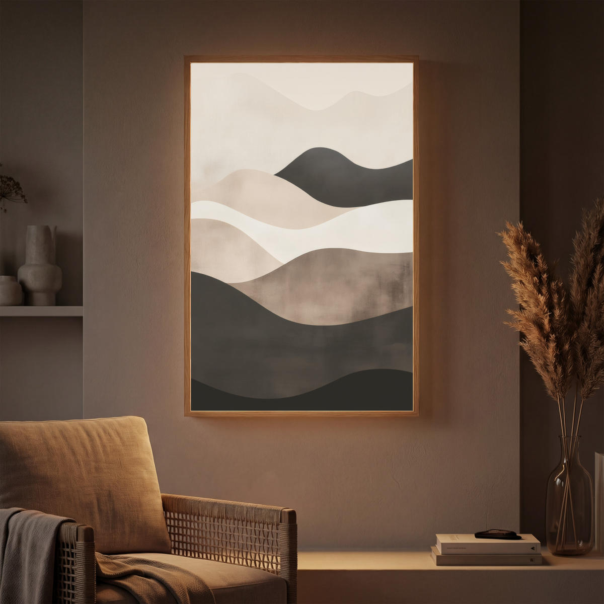 NÁSTĚNNÁ LAMPA S AKUMULÁTOREM Abstraktní - Krajina - Vlny - Krémová barva 70x100 cm - šedohnědá, kompozitní dřevo (70/100/8cm) - OnlyWow