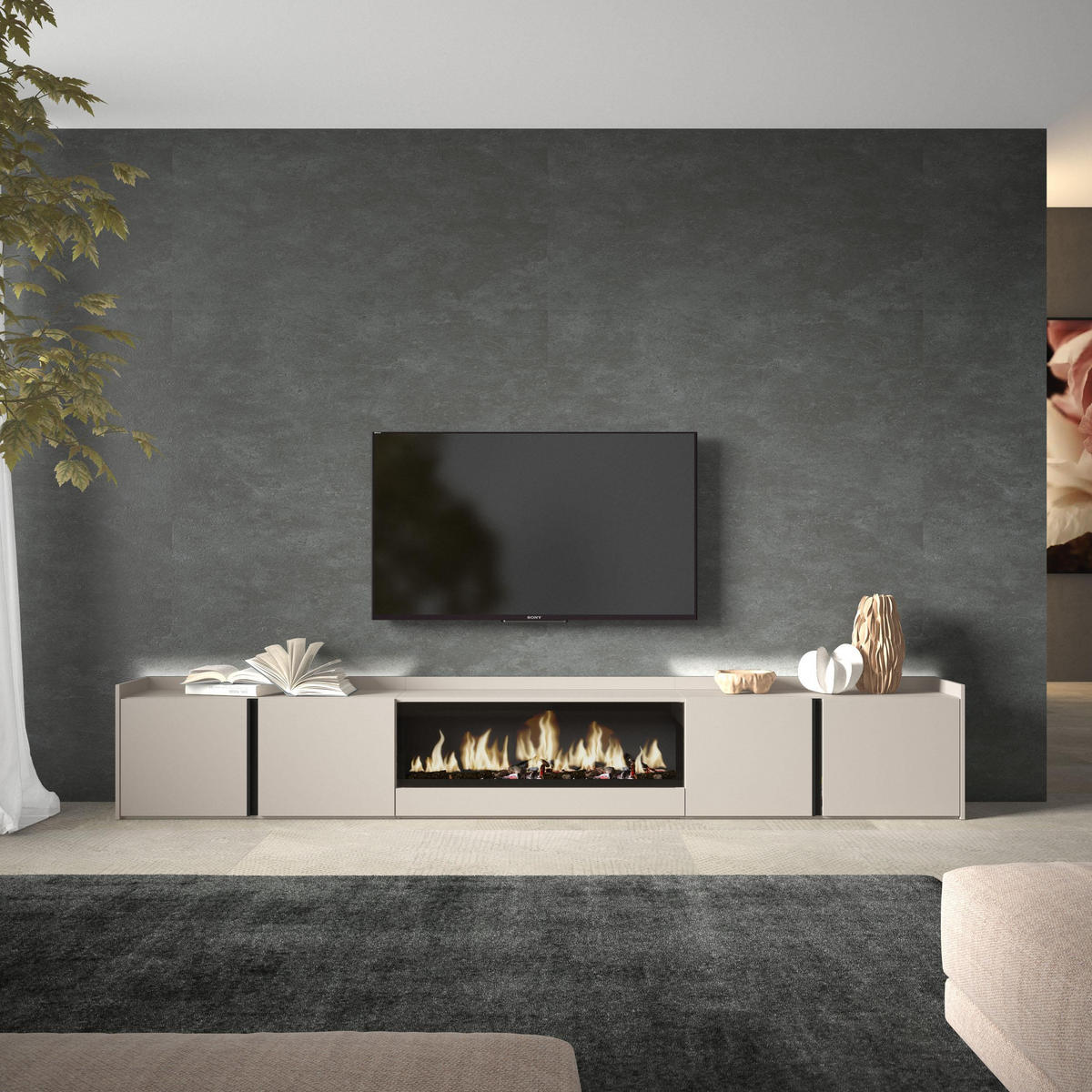 LOWBOARD, Beige, 315/35/50cm, Kamin mit Feuereffekt XXL - Beige, Holzwerkstoff (315/50/35cm) - Skraut Home