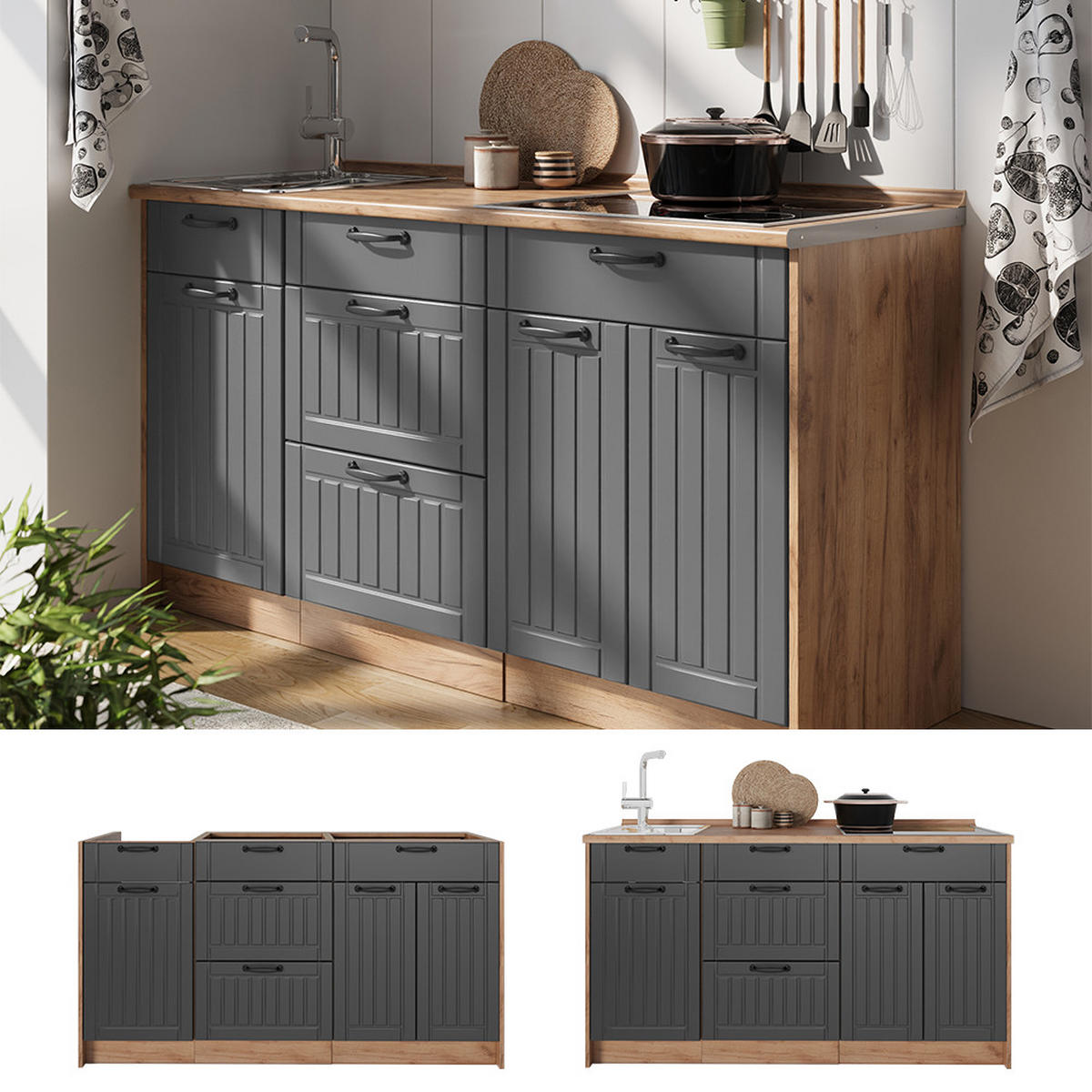 KUCHYNSKÝ BLOK Fame-Line, Tmavo-sivá, 150 cm, AP Marble - dub medový/tmavosivá, kompozitné drevo (150/82/60cm) - Vicco