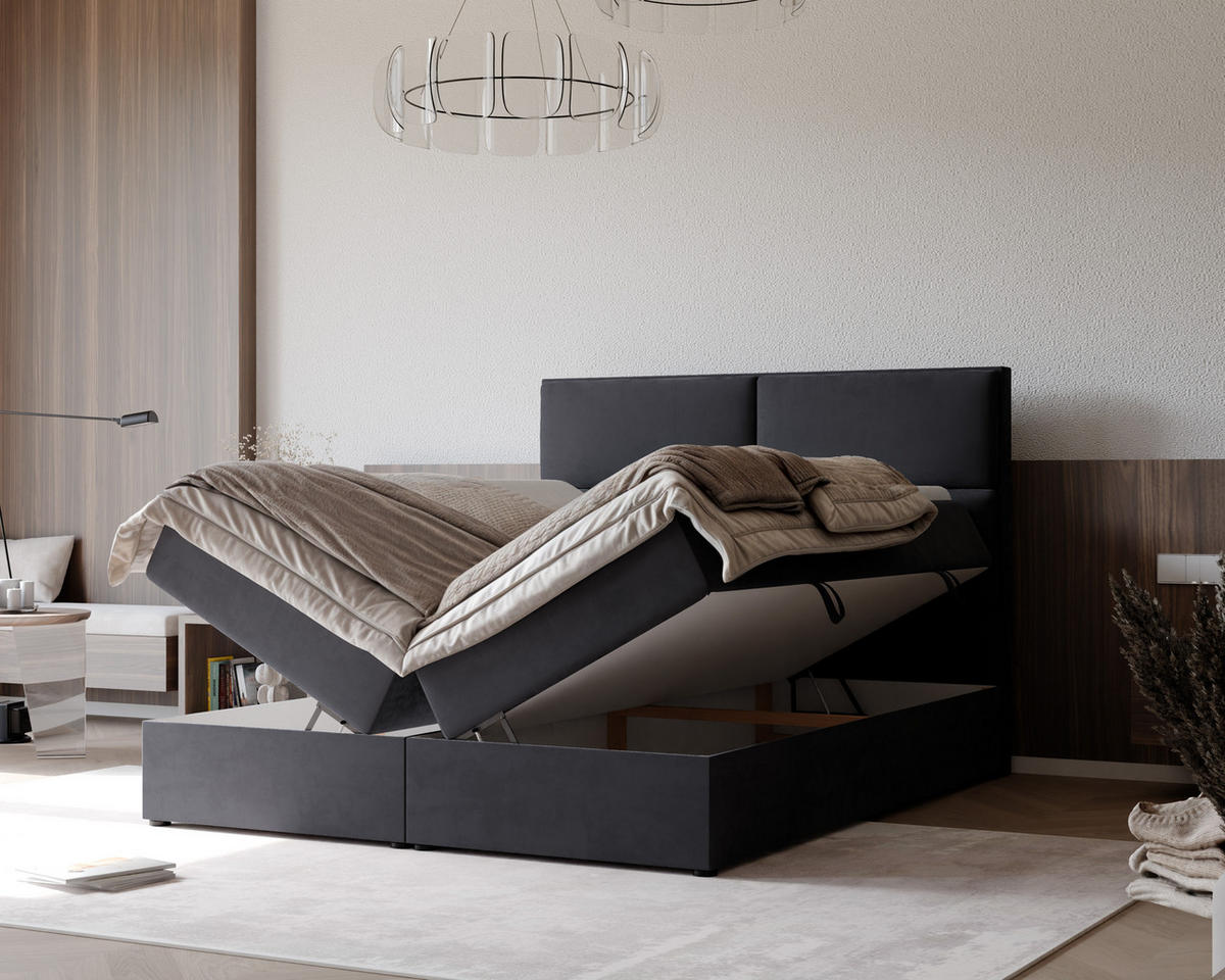 BOXBETT ORFEO 160/200 cm mit Matratze und Topper, Schwarz - Schwarz, Textil (160/200cm) - Idohome