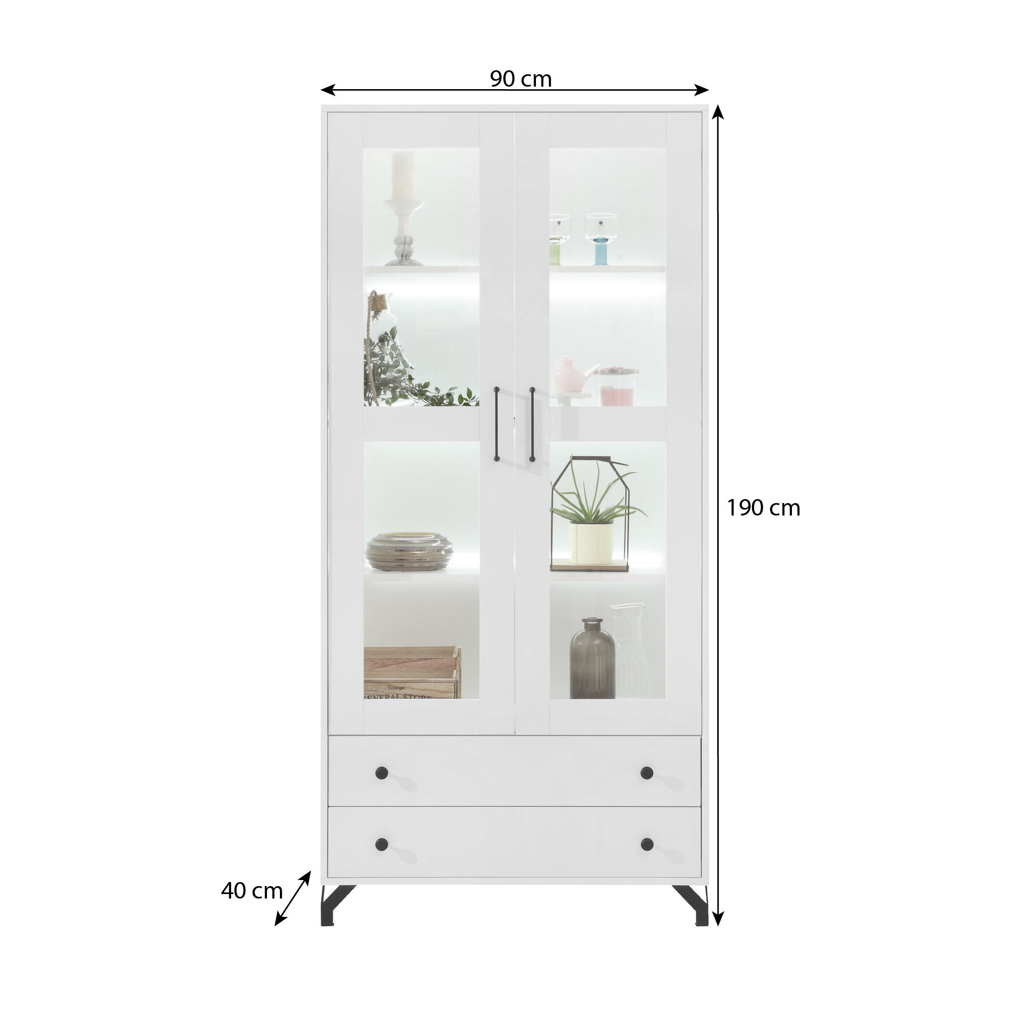 VITRINE Bero mit 2 Türen und 2 Schubladen, LED-Beleuchtung - Schwarz/Weiß, Holzwerkstoff/Metall (90/190/40cm) - Beautysofa