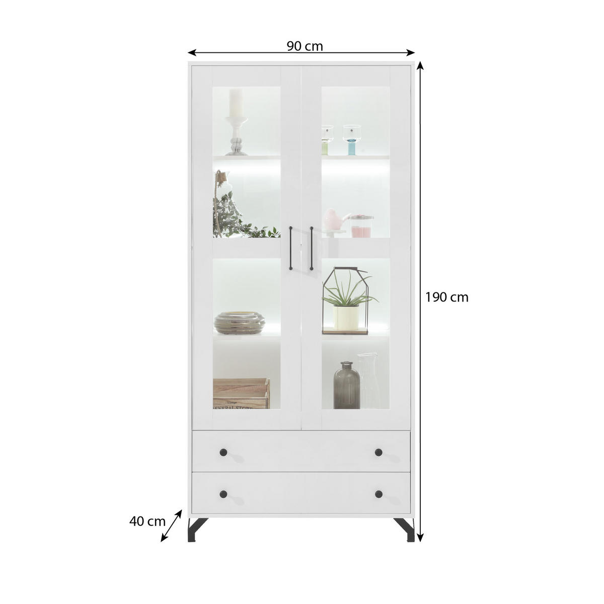 VITRINE Bero mit 2 Türen und 2 Schubladen, LED-Beleuchtung - Schwarz/Weiß, Holzwerkstoff/Metall (90/190/40cm) - Beautysofa