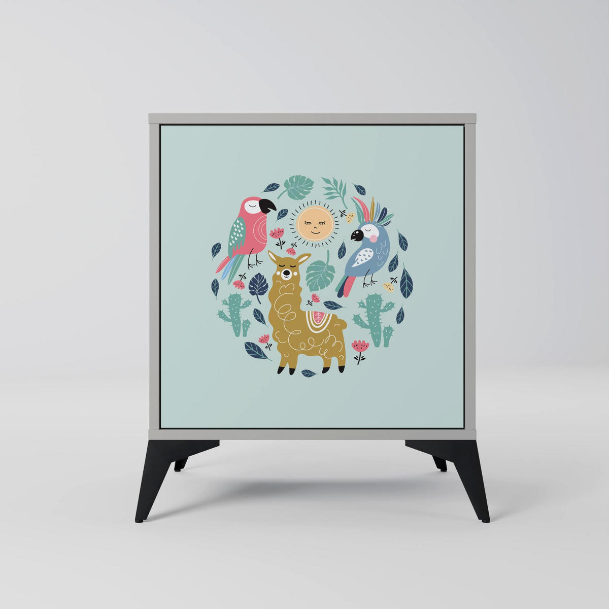 SIDEBOARD COLORFUL ALPACAS, Grau, 57,5x42x77,5 cm, Schräge Buchenholzfüße - Buchefarben/Multicolor, Holzwerkstoff/Buchenholz (57.5/77.5/42cm) - SpaceRebels