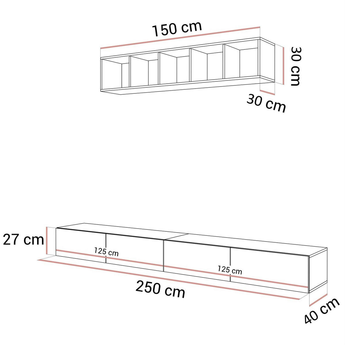 WOHNWAND CARMEN III, hängend mit offenem Regal. - Kaschmir, Holzwerkstoff (250/27/40cm) - Lookway