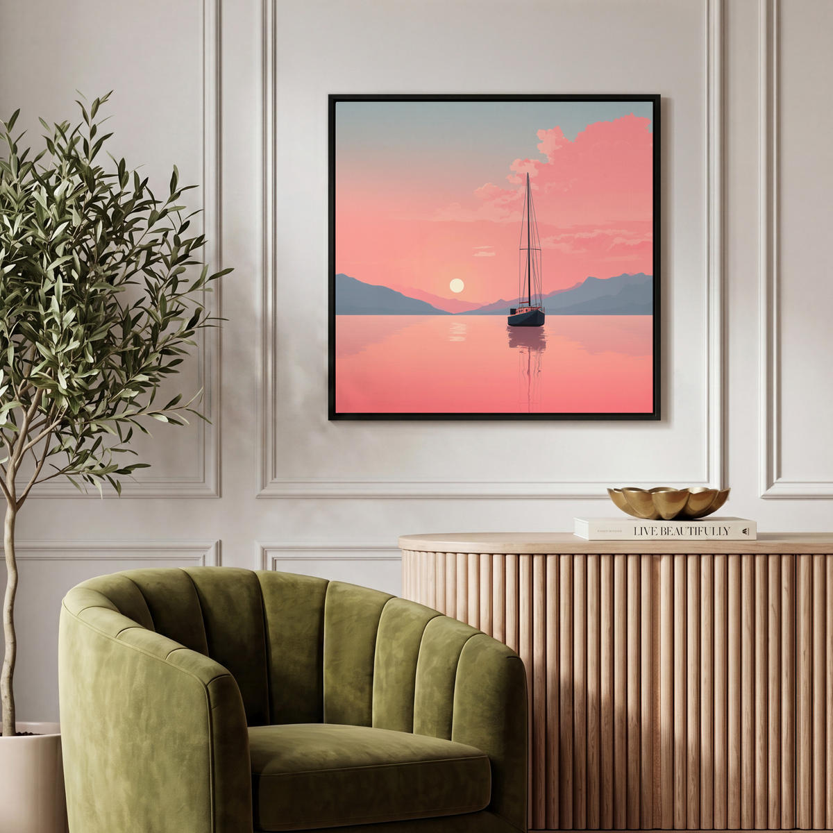 LEINWAND Bilder mit Rahmen - Segelboot - Rosa Meer - Sonnenuntergang - Berge - 50x50 - Rosa, Textil (50/50cm) - MuchoWow