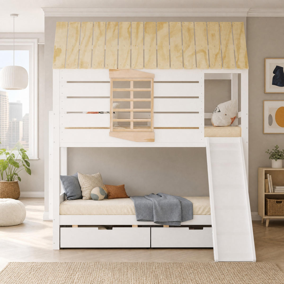 ETAGENBETT 90/200 mit Rutsche, Schubladen und Hausdesign in Weiß und Natur - Weiß/Naturfarben, Holzwerkstoff (90/200cm) - EVRYAE