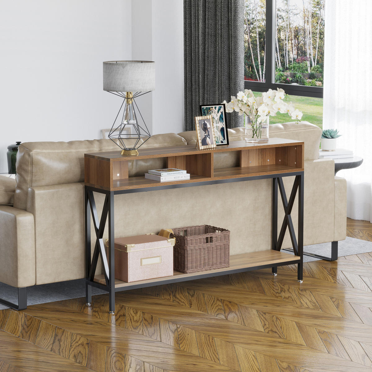 KONSOLENTISCH DE-16746 Industrie-Design mit Ablage Nussbaum - Braun, Holzwerkstoff (120/23/75cm) - ComfortXL