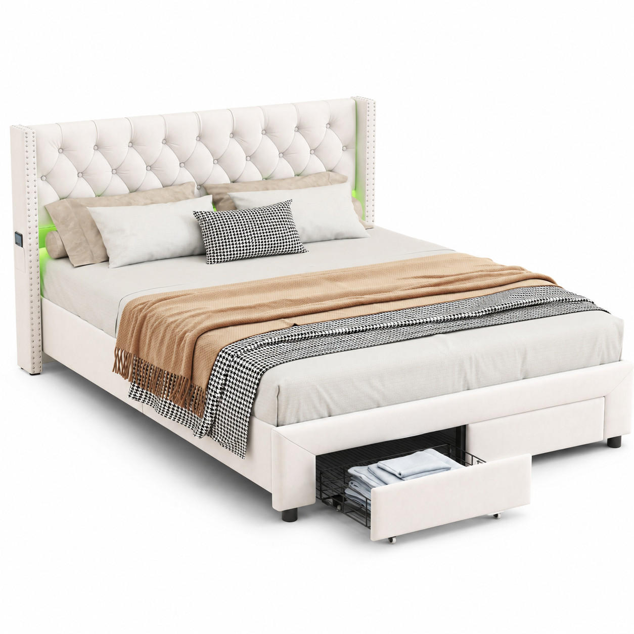 POLSTERBETT 180/200 cm mit LED-Beleuchtung, USB-Ladestation & 2 Aufbewahrungsschubladen, Chesterfield Knopfsteppung mit Nietenbesatz - Beige, Holz/Metall (180/200cm) - Joyfair