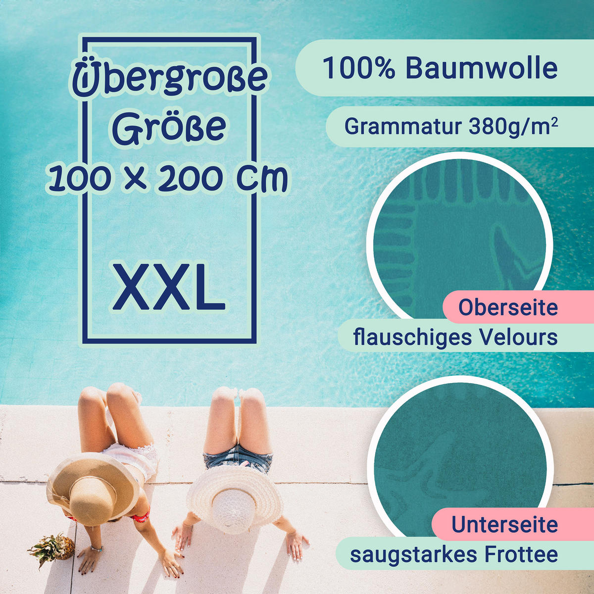 STRANDTUCH, 100x200 cm, 100% Baumwolle, Grün - Petrol, Textil (100/200cm) - Zollner