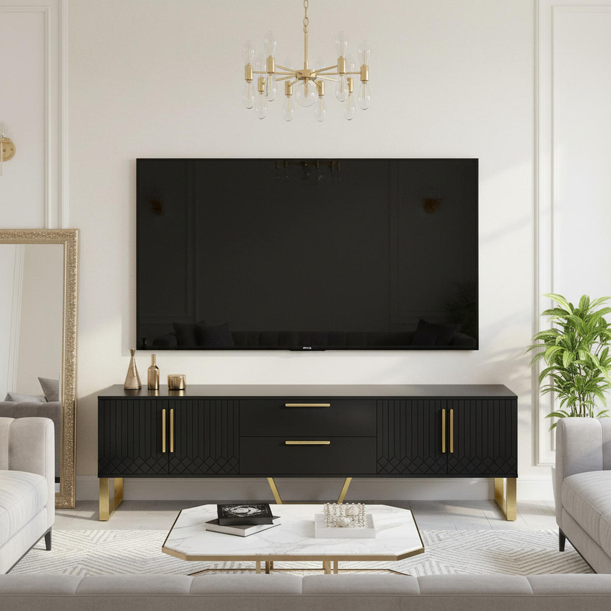 TV-SCHRANK 170 cm in Schwarz Hochglanz & Gold - Schwarz, Holzwerkstoff (170/53.5/40cm) - Urban Meuble