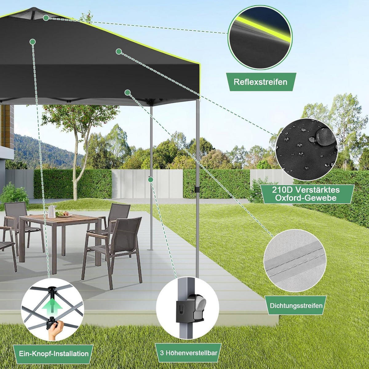 FALTPAVILLON 3x3m mit Seitenwänden wasserdicht UV-Schutz 3 Höhen verstellbar Schwarz - Schwarz, Textil (300/298.2/300cm)