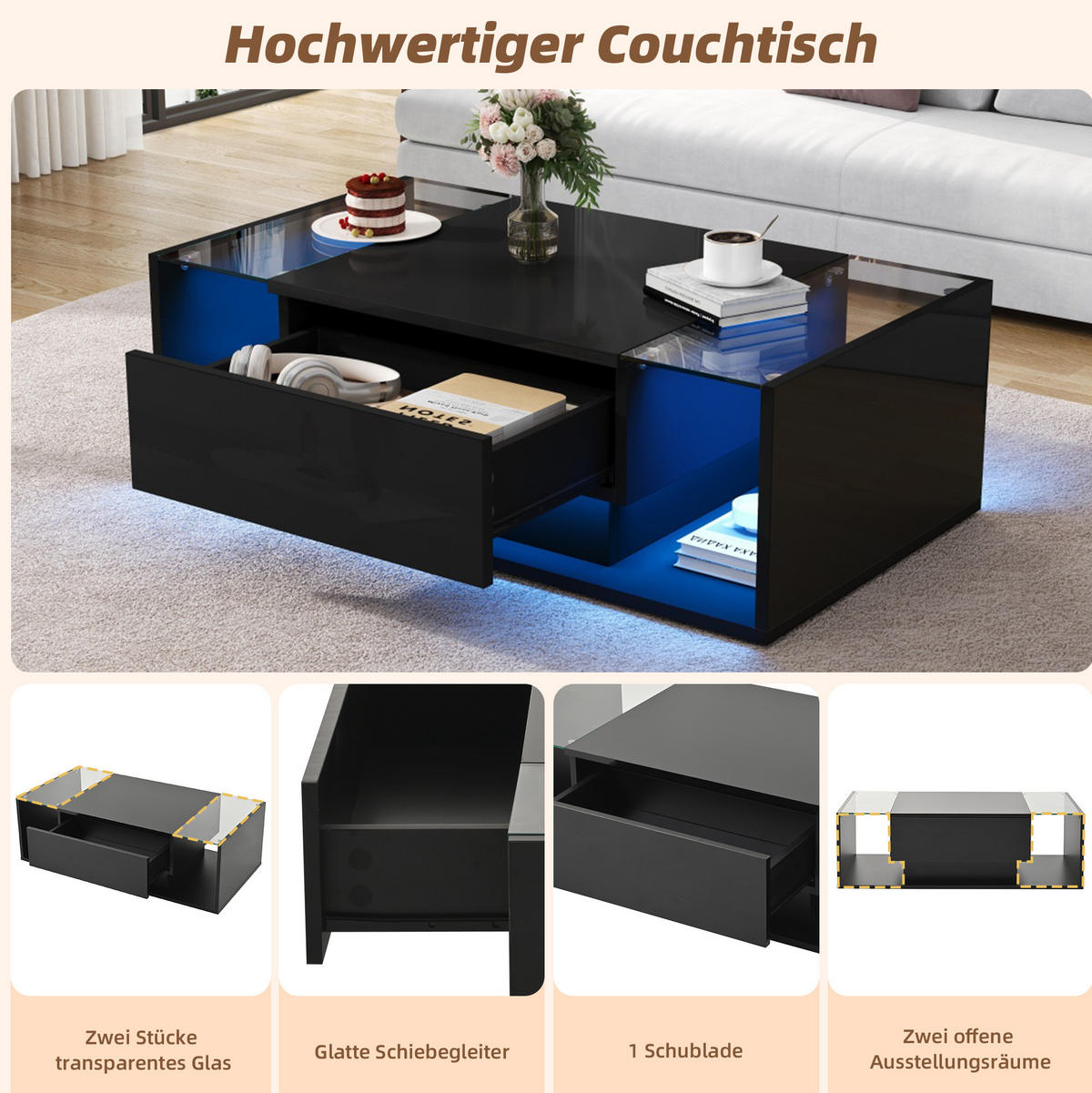 COUCHTISCH 100/50/31 cm mit Schublade, LED-Beleuchtung und gehärtetem Glas, Schwarz - Schwarz, Holzwerkstoff (100/50/31cm) - Redom