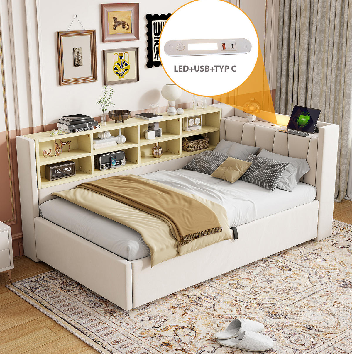 POLSTERBETT 90/200 cm Beige aus Samt mit Stauraum und Ladeanschlüssen - Beige, Textil (90/200cm) - OKMYHOME
