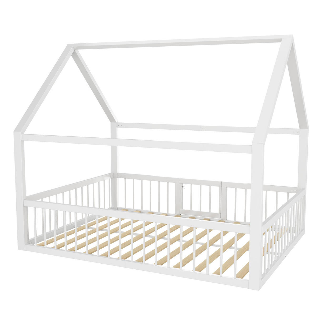METALLBETT aus Metall 140x200 cm Weiß mit Dachrahmen, Sicherheitsgeländer und Tür - Weiß, Metall (140/200cm) - Modfu