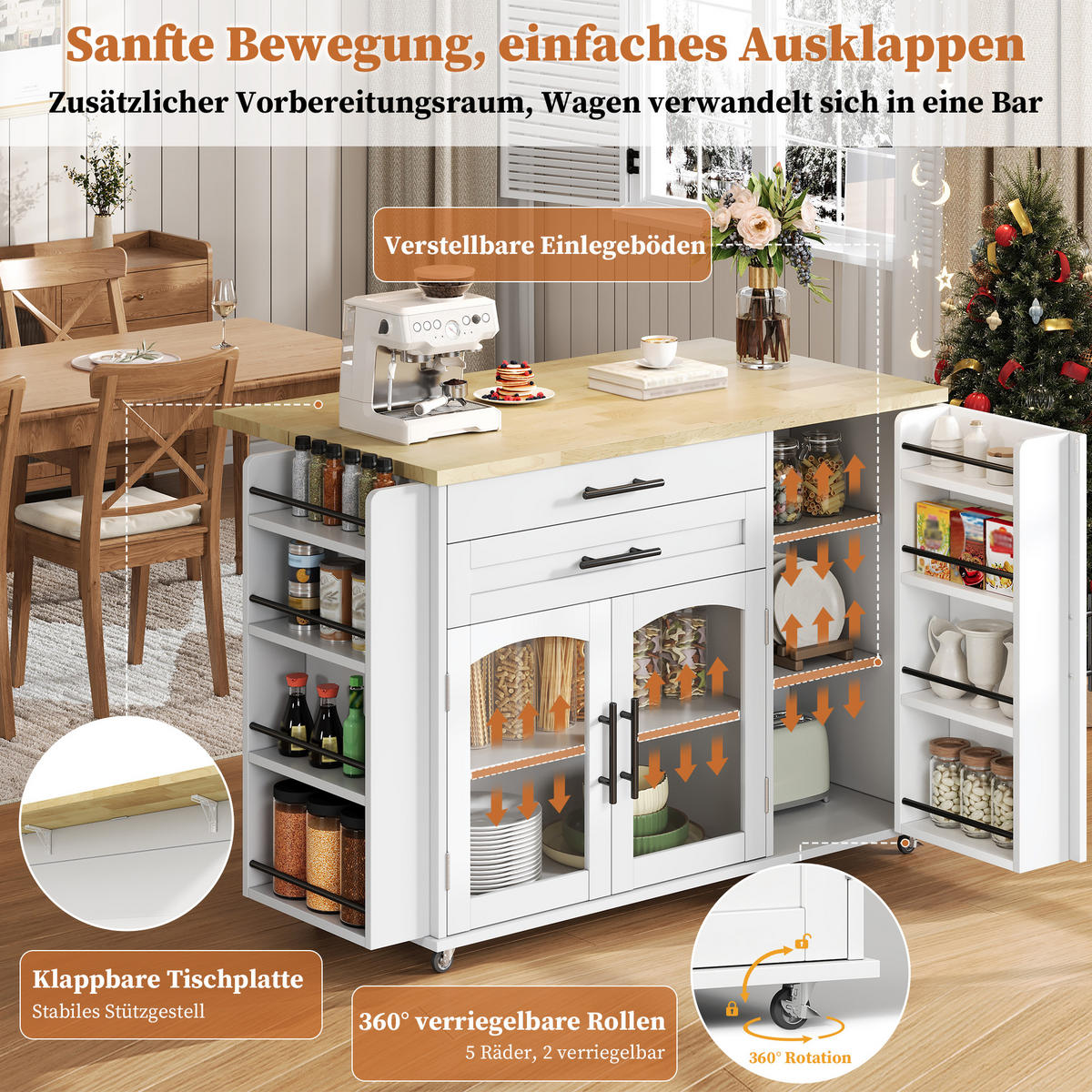 KÜCHENINSEL 120/70/90 cm Natur/Weiß aus MDF mit Klappplatte - Naturfarben, Holzwerkstoff (138/90/70cm) - OKWISH