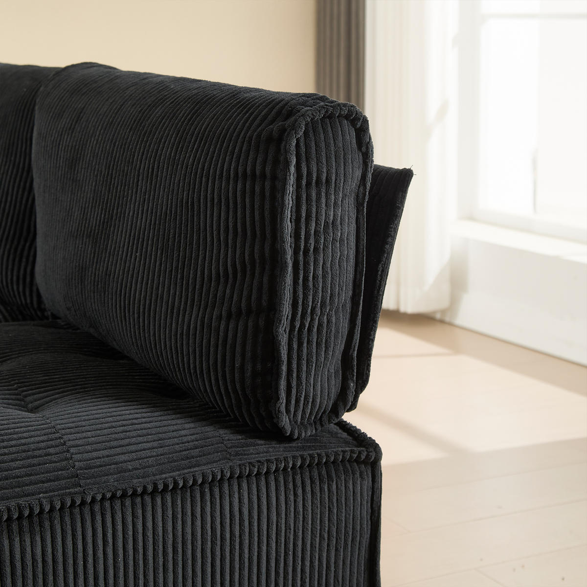 WOHNLANDSCHAFT 6-SITZER Cord Schwarz mit Seitentaschen - Schwarz, Holzwerkstoff/Kunststoff (308/82/154cm) - WISHDOR