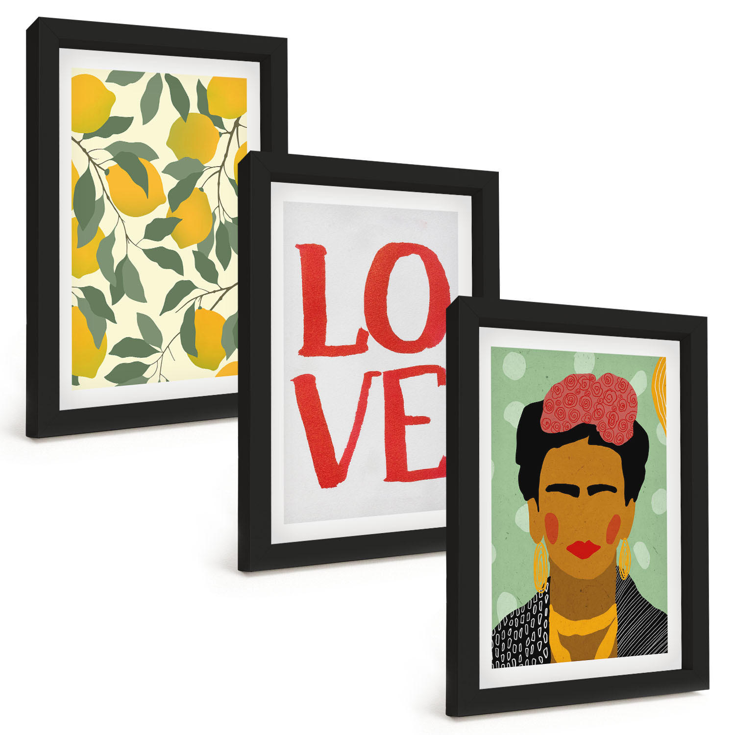 BILDER SET 3er Set - 20x30 cm Schwarzer Rahmen - Lemons LOVE Porträt von Frida - Schwarz, Kunststoff (20/30cm) - TULUP