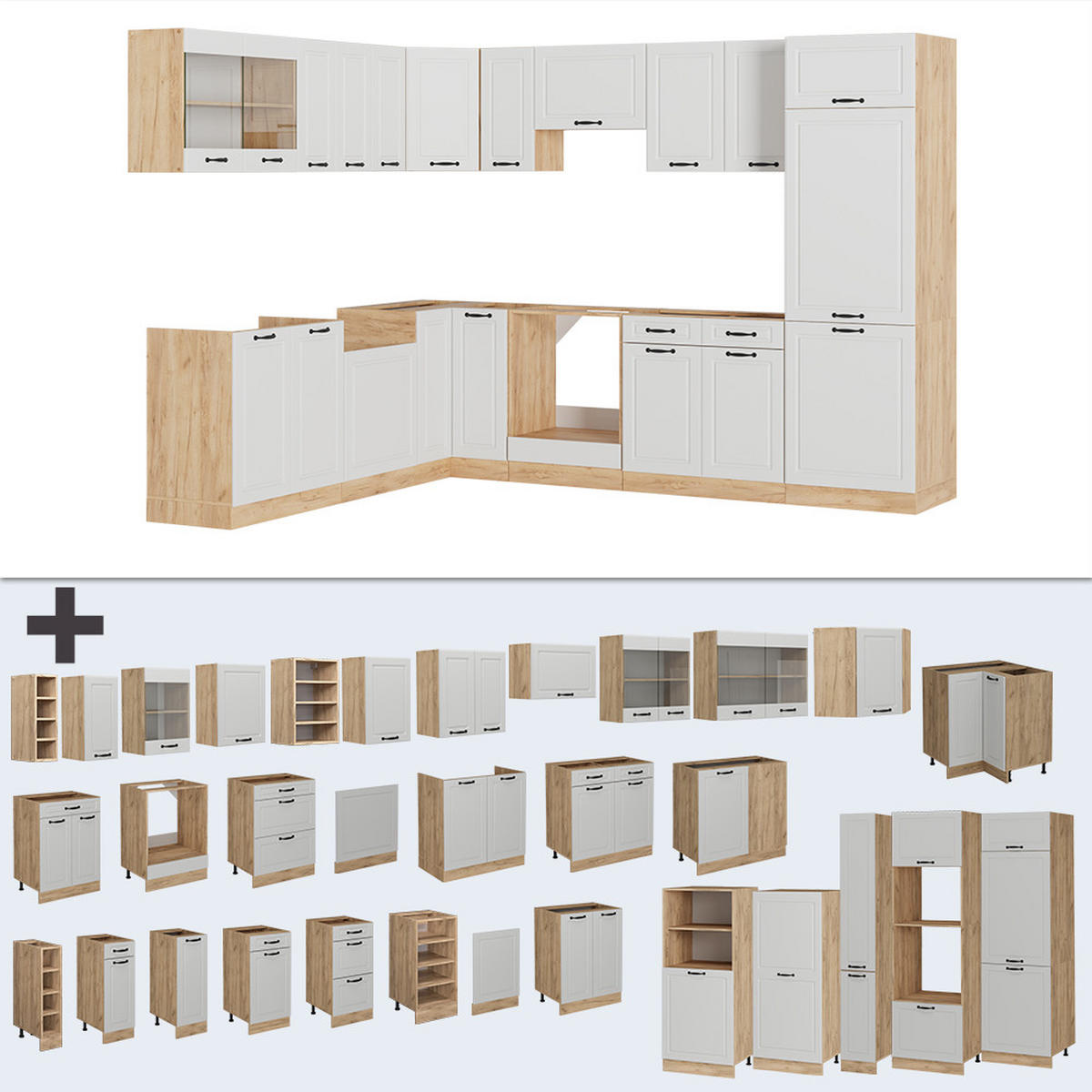 ROHOVÁ KUCHYŇ R-Line Bílý venkovský dům/zlatý dub - bílá/medově dubová, kompozitní dřevo (287/81.6/46cm) - Vicco
