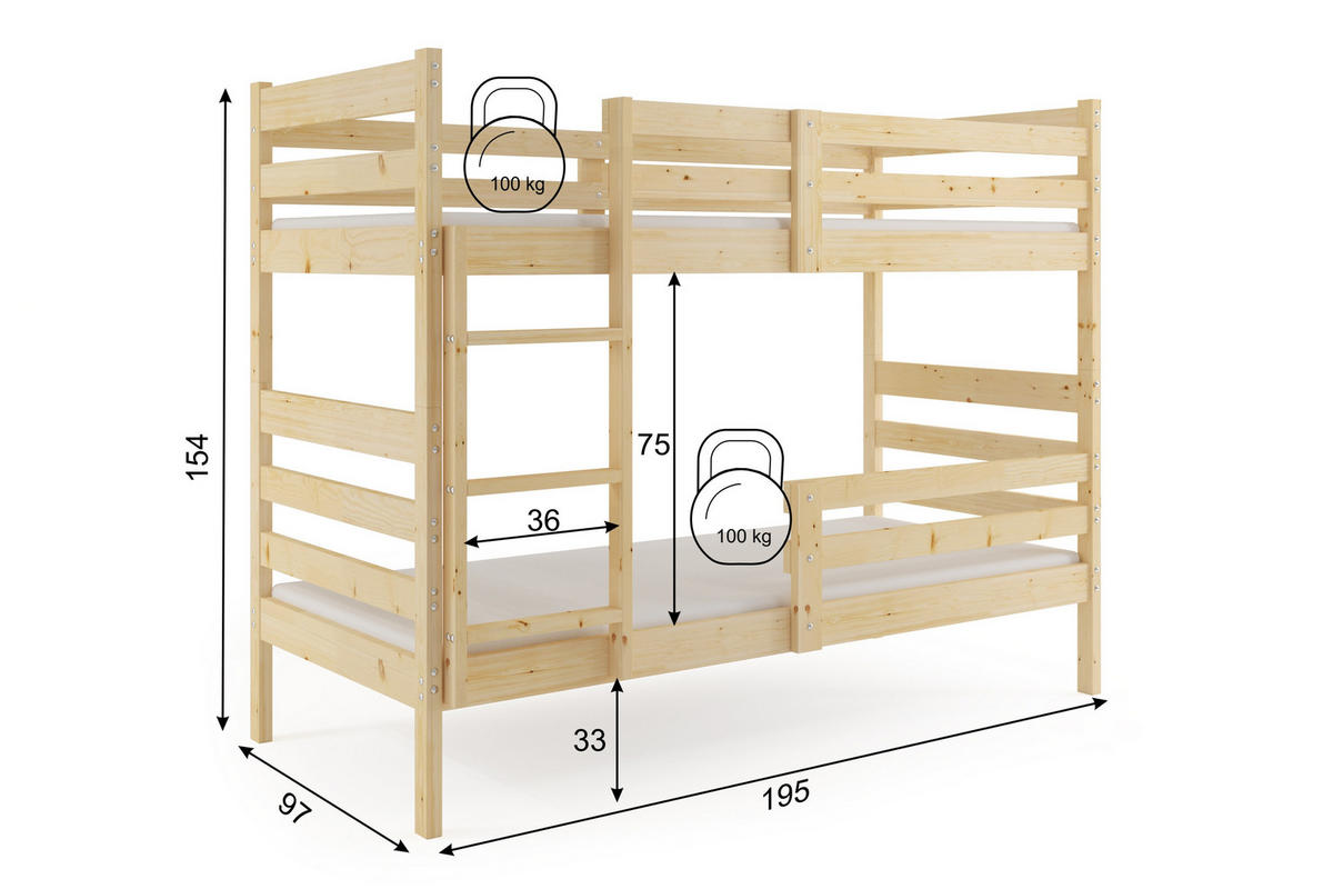 ETAGENBETT ERYK 90/190 cm aus massivem Kiefernholz, ohne Matratzen - Kiefer Milford, Holz - Interbeds
