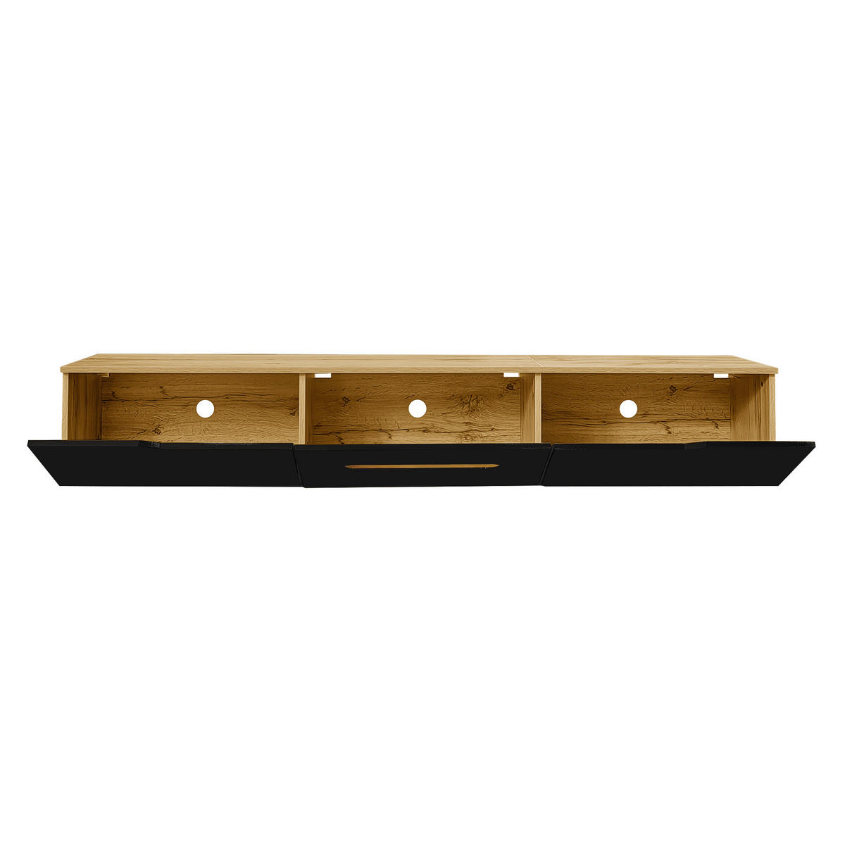 TV-LOWBOARD aus MDF und Spanplatte 180x35x30 cm Schwarz und Holzfarbe mit LED-Beleuchtung, Soft-Close und Wandmontage - Schwarz, Holzwerkstoff (180/30/35cm) - Modfu
