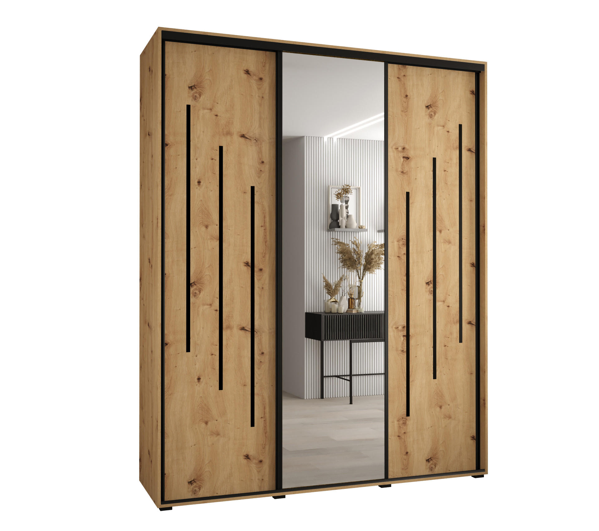 Abiks Möbel Schwebetürenschrank Eiche Artisan, Eiche Artisan, Schwarz 200x235x45 cm
