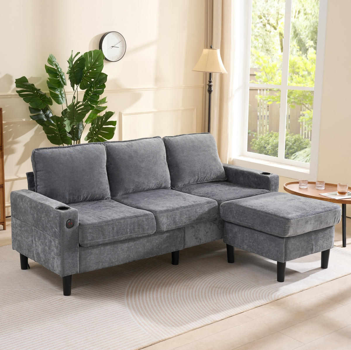 SOFA L-Form mit USB, Typ-C und Hocker 202 x 137 cm Leinen Grau - Grau, Kunststoff (137/202cm) - Meubliv