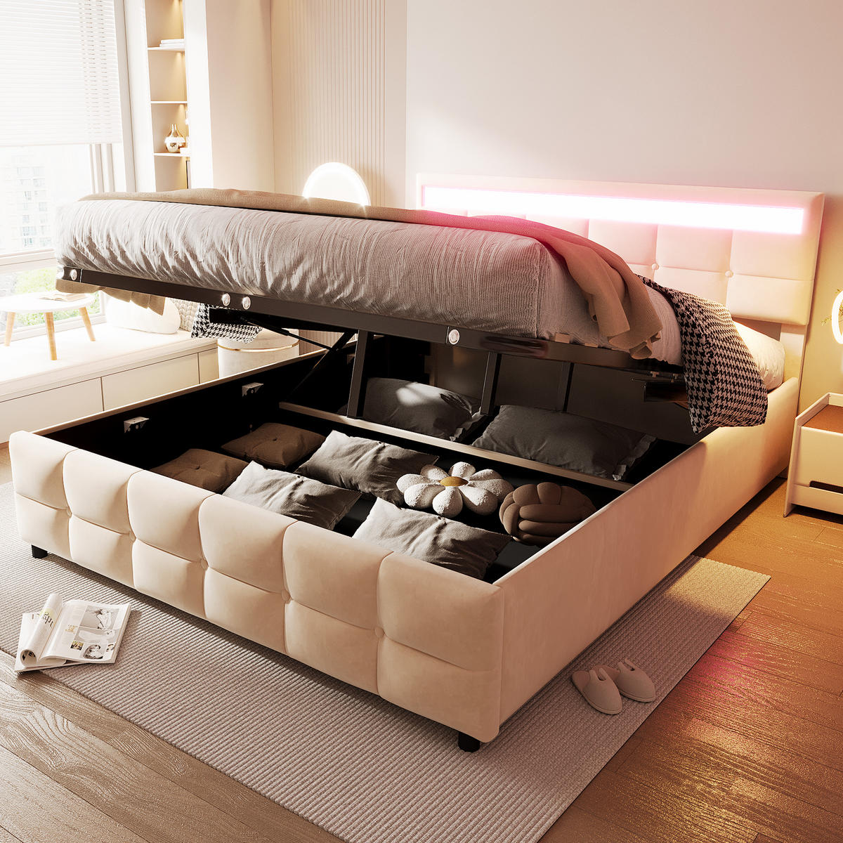 POLSTERBETT 180/200 cm in Beige Samt mit Bettkasten und LED - Beige, Holzwerkstoff/Textil (180/200cm) - WISHDOR