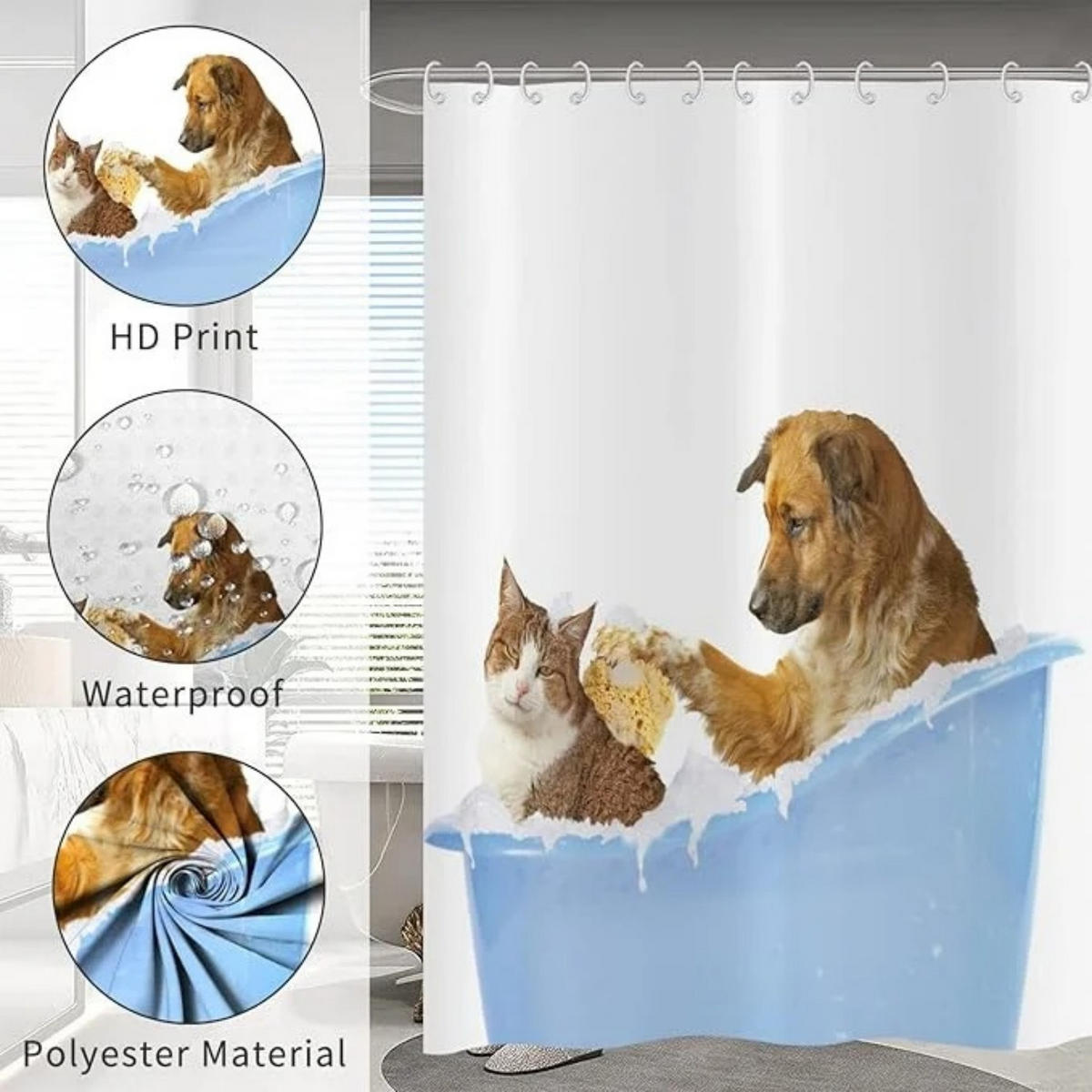DUSCHVORHANG Blau Weiß Katze und Hund niedlich wasserdicht - Blau, Textil (180/180cm) - MCBOSON