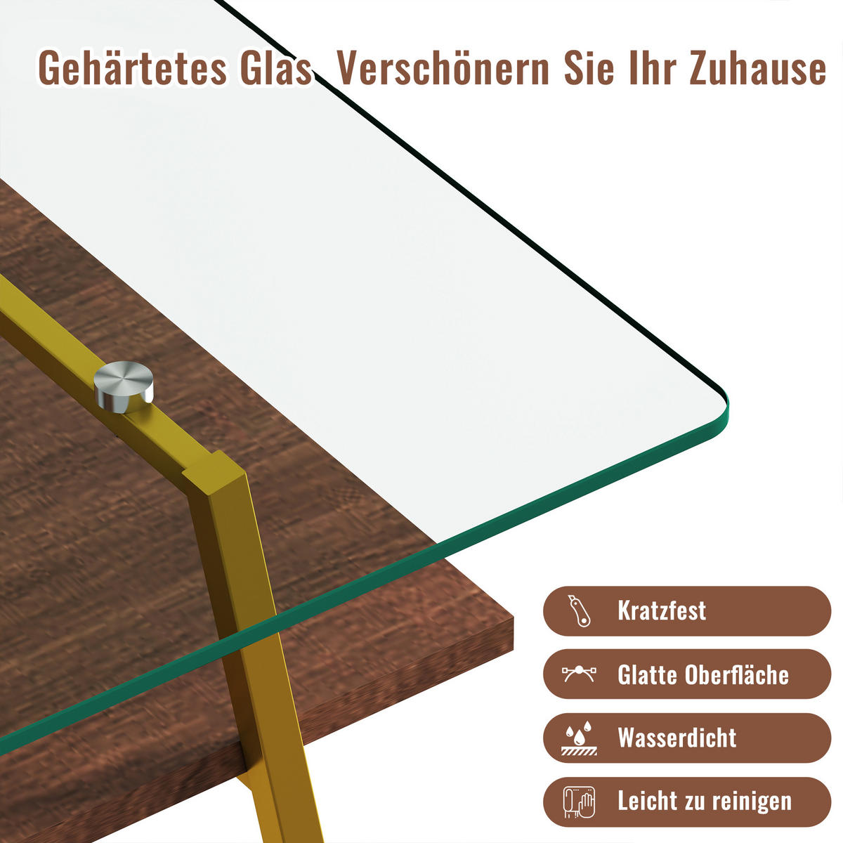 COUCHTISCH Gold/Braun aus gehärtetem Glas und MDF 98/58/42,5 cm - Altrosa, Holzwerkstoff (58/98/42.5cm) - PANGIVO