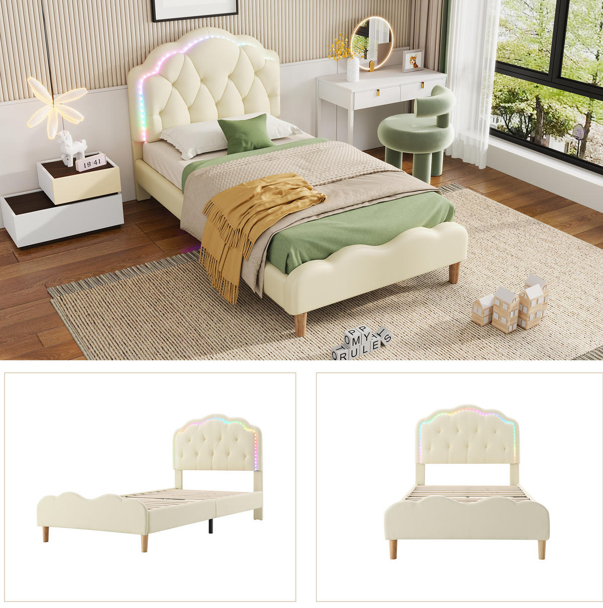 POLSTERBETT 90/200 cm Beige aus PU mit LED-Beleuchtung - Beige, Kunststoff (90/200cm) - Flora Grace