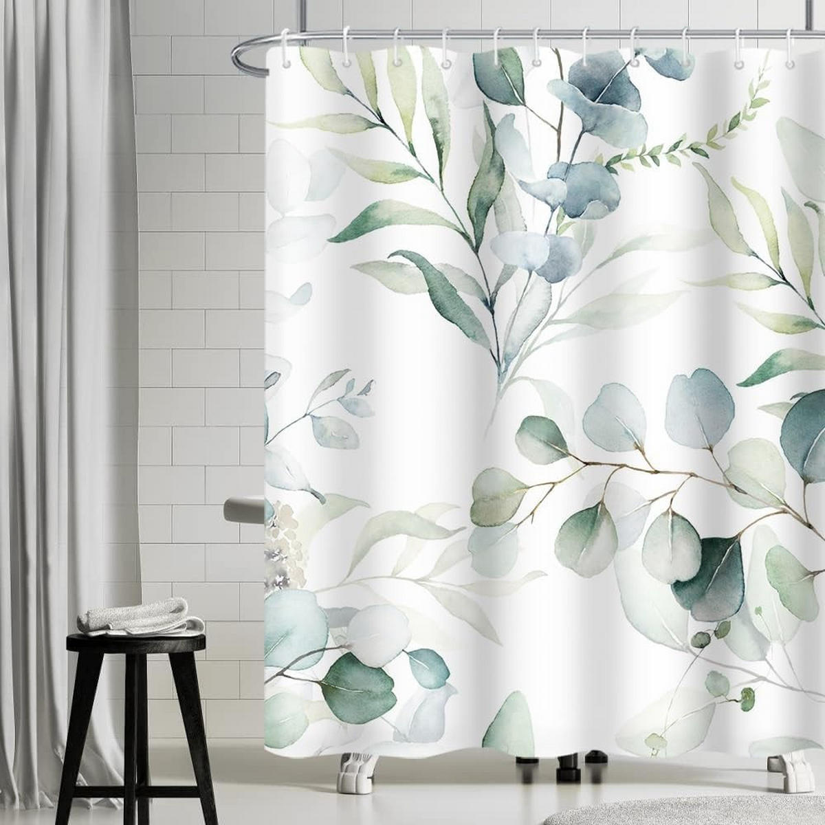 DUSCHVORHANG schimmelresistent Grün Blätter Blumen Weiß Badewanne Stoff waschbar wasserdicht - Grün, Textil (180/200cm) - MCBOSON