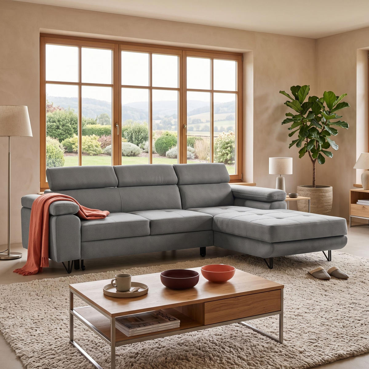 ECKSOFA NORIS L Rechts mit Schlaffunktion 128x203 Velours Grau - Schwarz/Grau, Holz/Textil (183/250cm) - Muffo