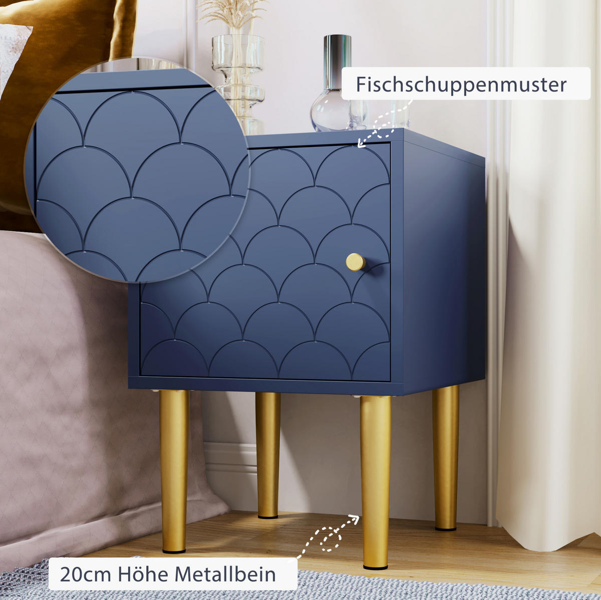 NACHTTISCH aus Holz 35x35x51 cm Marineblau mit Fischschuppenmuster und Metallbeinen - Dunkelblau, Holzwerkstoff (35/51/35cm) - Modfu