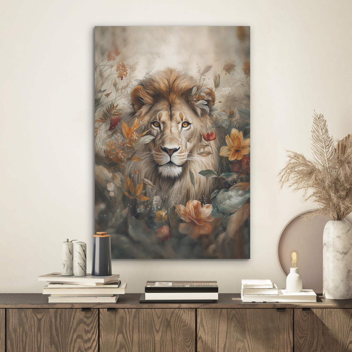 AKUSTIKBILD Löwe - Wildtiere - Pflanzen - Natur - Blumen Kunstdruck Schlafzimmer 50x70 cm - Beige, Kunststoff (50/70/0.9cm) - MuchoWow