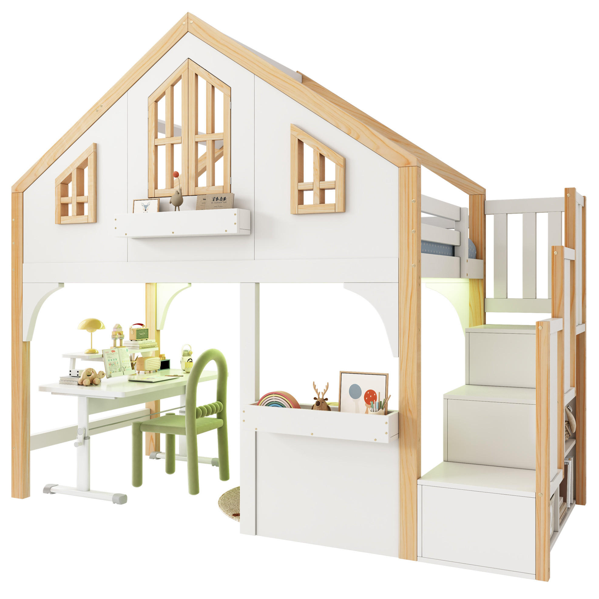 ETAGENBETT 90/200 cm Weiß aus Kiefernholz mit Stauraumtreppe und LED-Beleuchtung - Weiß, Holzwerkstoff (90/200cm) - OKWISH