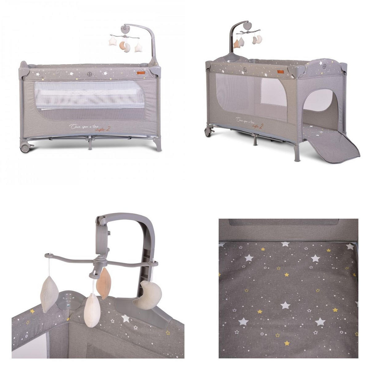 REISEBETT Once upon a time grau 2 Ebenen, Seiteneingang, Matratze, Mobile - Grau, Kunststoff (60/120cm) - Cangaroo