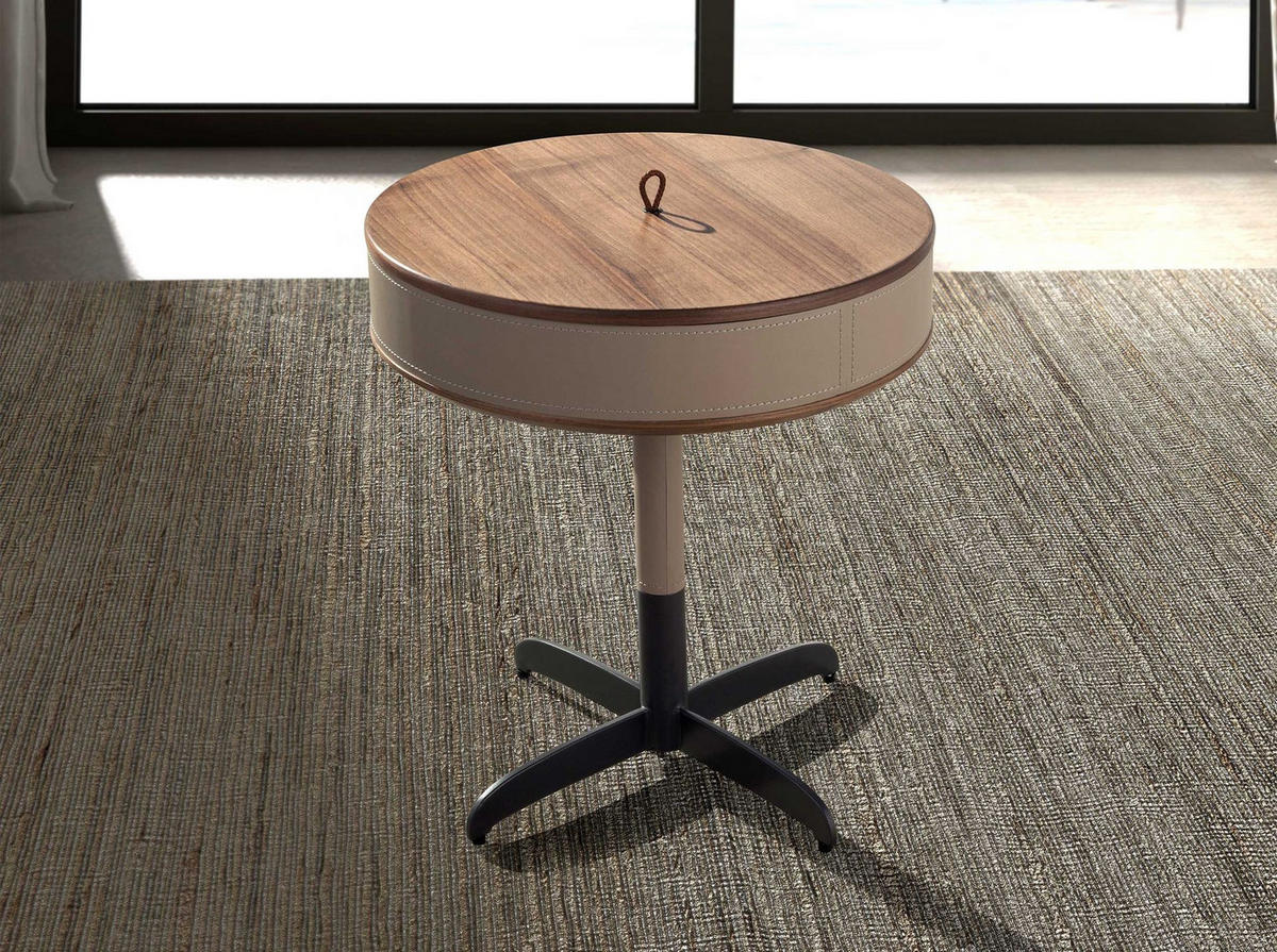 RUNDER Ecktisch Leder, Nussbaum und grauer Stahl - Graubraun/Braun, Leder/Holz (46/46/50cm) - ANGEL CERDA