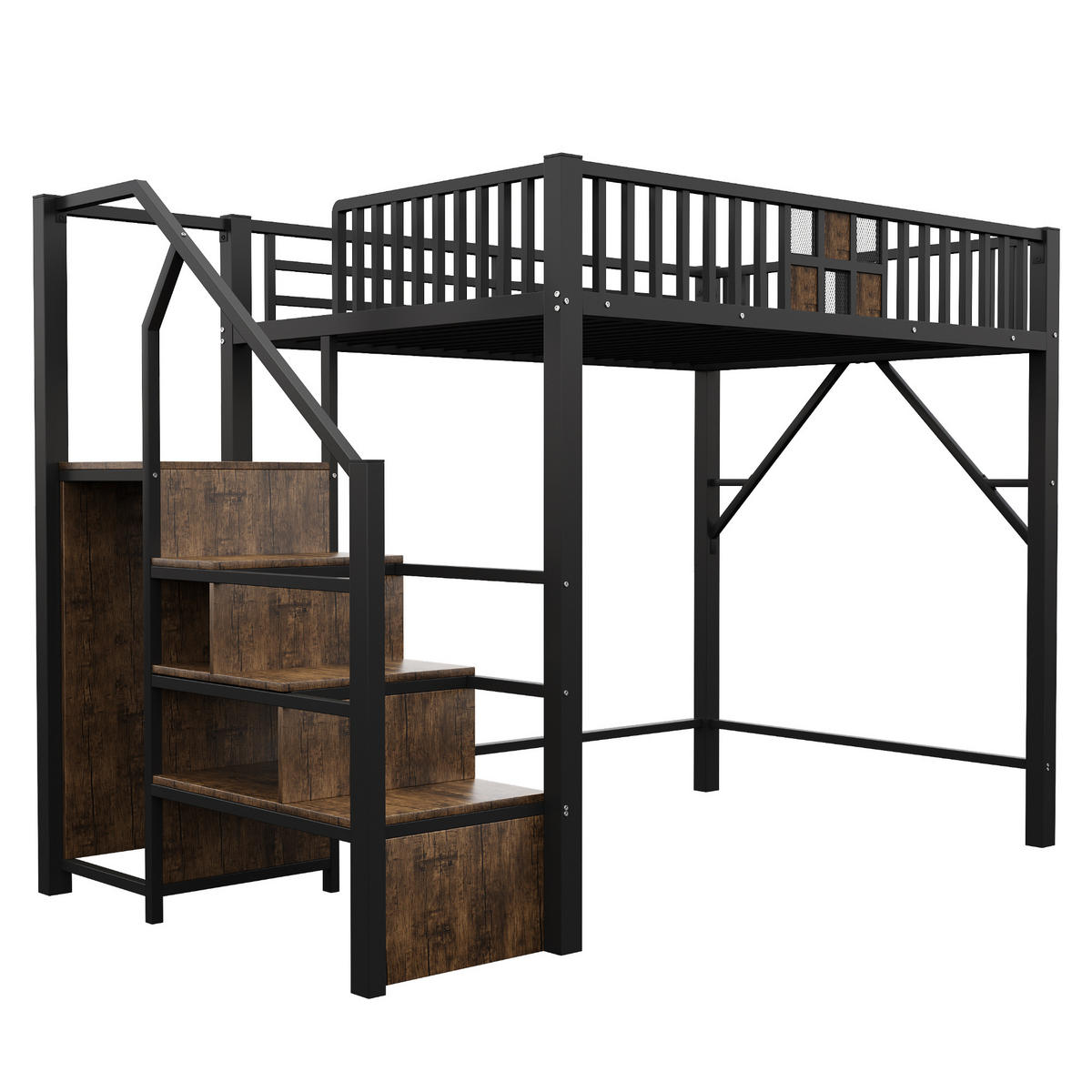 HOCHBETT 140/200 cm DE-01470, in Schwarz, mit Kleiderschrank, Schubladen und Aufbewahrungsleiter - Schwarz, Metall (140/200cm) - ComfortXL