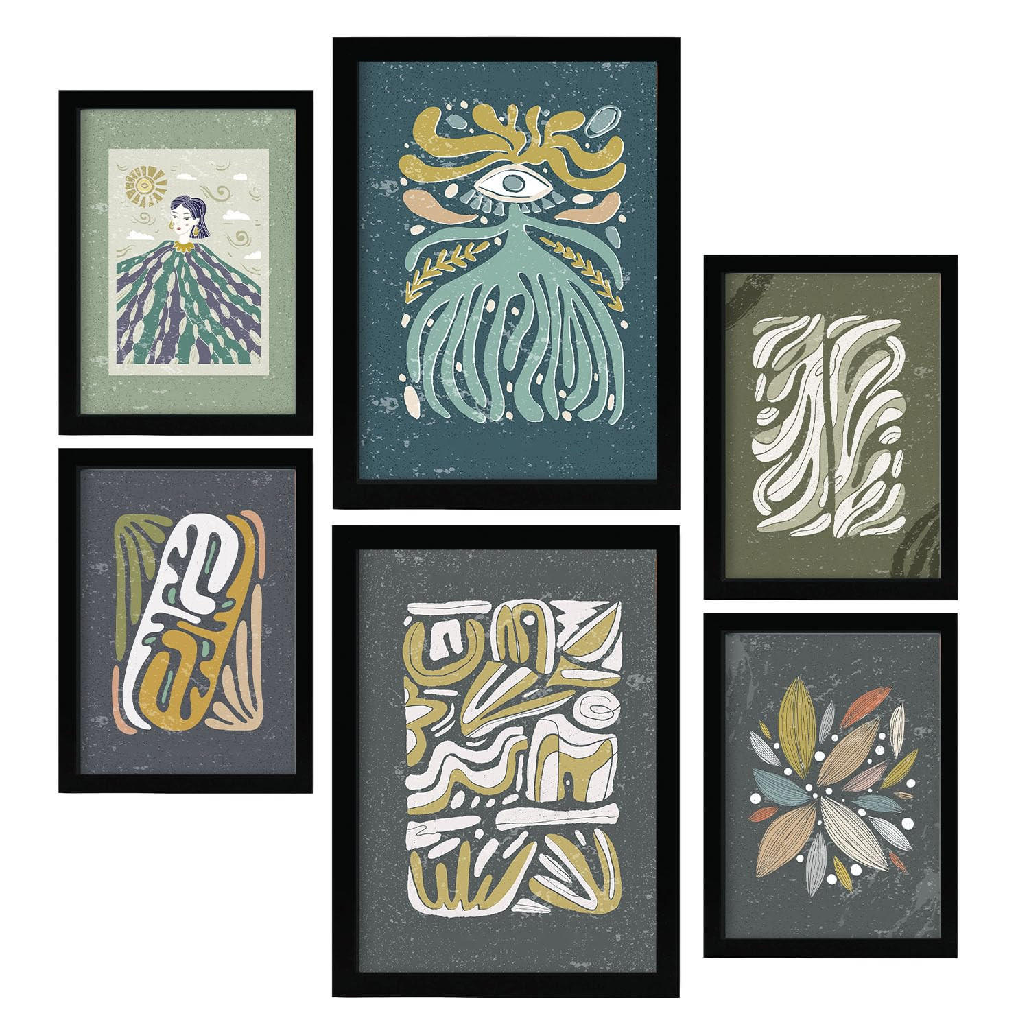 POSTER Set Mit 6 Drucken Mit Kalten Tönen In Der Sammlung Ethnischer Style Drucke Dekorative Für Zuhause Wandkunstdruck A3 & A4 Schwarzer Rahmen - Schwarz, Papier (29/3cm) - Nacnic