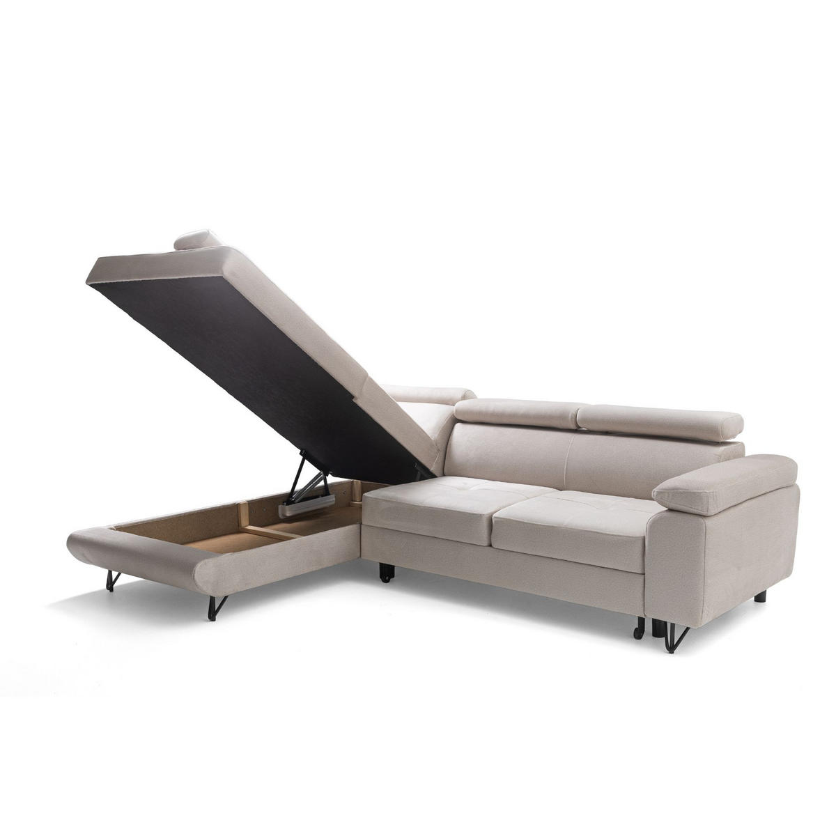 ECKSOFA JUNIOR L Links mit Schlaffunktion 194x128 Velours Creme - Creme/Schwarz, Holz/Textil (249/184cm) - Muffo