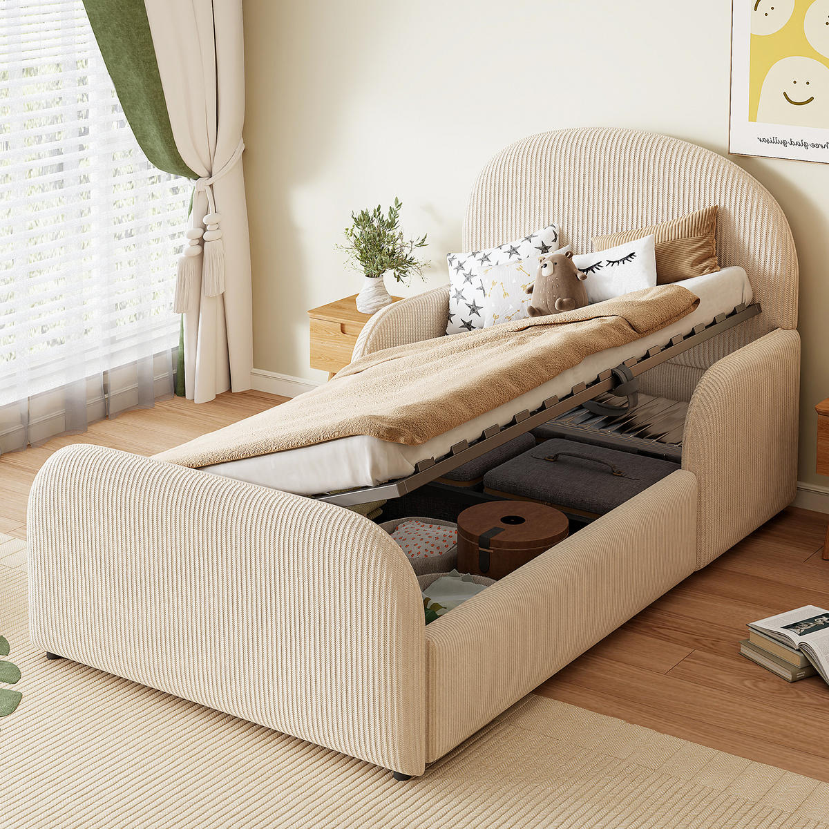 KINDER-POLSTERBETT 90/200 cm aus Samt mit hydraulischem Stauraum und Seitengittern Beige - Beige, Textil (90/200cm) - Modenvie