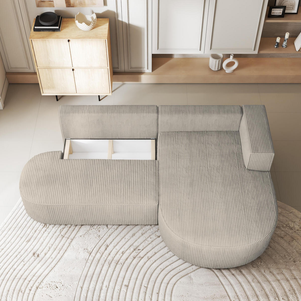 ECKSOFA CORTIO P R-S Creme Kordstoff mit Schlaffunktion - Creme, Holz (265/174cm) - MASSENO