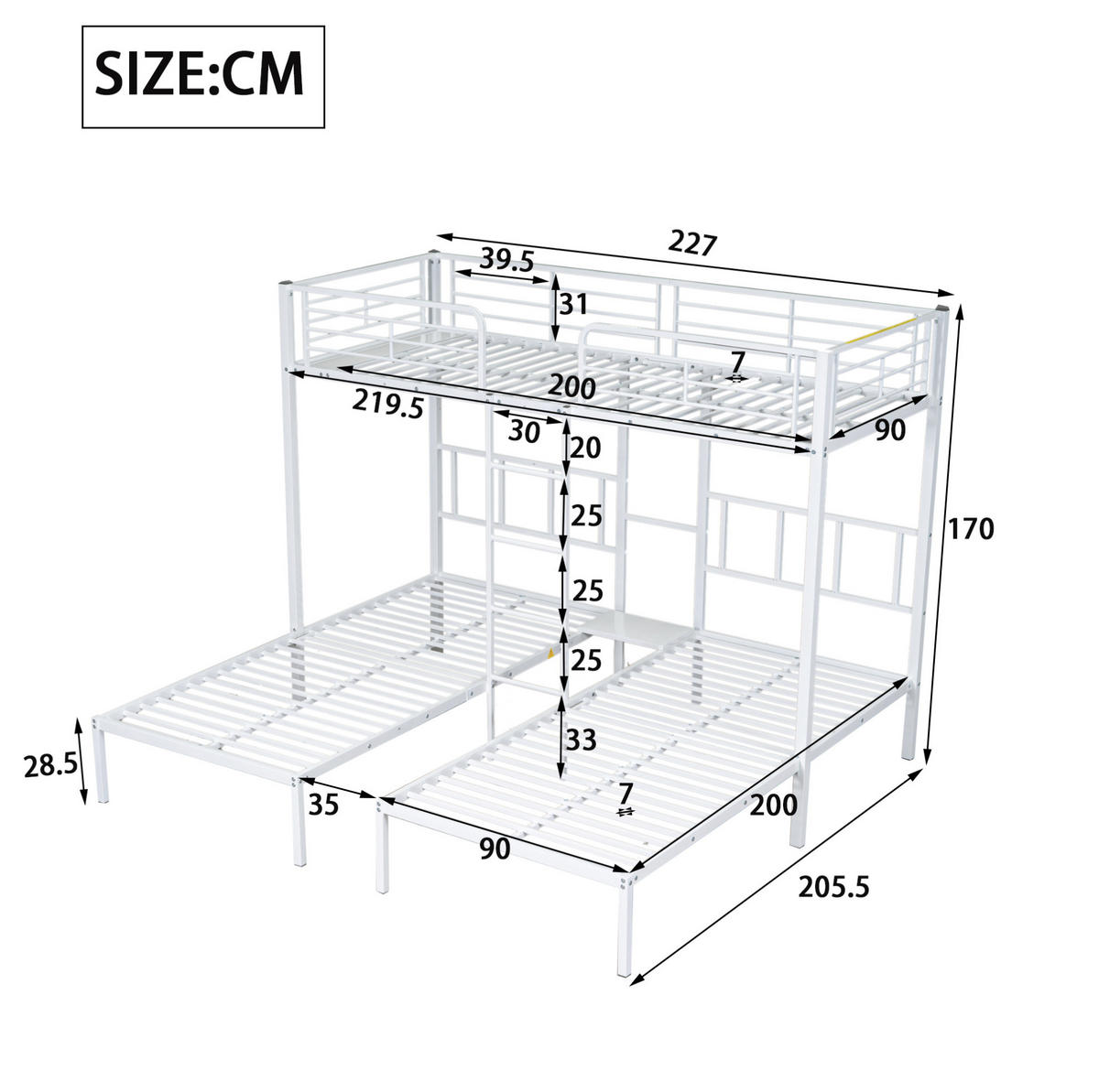 DREIFACH-ETAGENBETT aus Metall 90x200 cm Weiß mit Leiter, Schutzgitter und Tisch - Weiß, Metall (90/200cm) - IVMEU